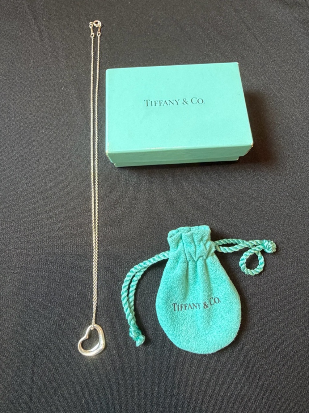 Tiffany & Co. Small Silver Open Heart Pendant Necklace with Tiffany Blue Pouch